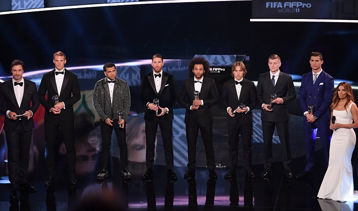 2016 FIFA Annual Awards Ceremony Best Eleven Winners of 2016 FIFA FIFPro World 11, JANUARY 9, 2017   Football   Soccer : Winners of 2016 FIFA FIFPro World 11  2L R  Manuel Neuer, Daniel Alves, Sergio Ramos, Marcelo, Luka Modric, Toni Kroos and Cristiano Ronaldo stand with the hosts Marco Schreyl  L  and Eva Longoria  R  during the The Best FIFA Football Awards 2016 at TPC Studios in Zurich, Switzerland.  Photo by AFLO 