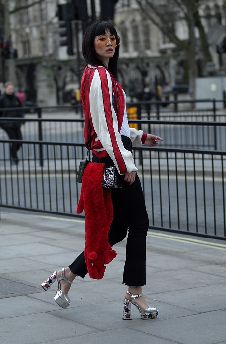 Fall Winter 2017 18 Men s London Street Snapshot Street style from day one of London Fashion Week Men s on 6th January 2017. Image shows Betty Bachz, Co founder of Moy Atelier. She wears heels by Chiara Ferragni, skinny jeans and jacket by Rockanne, top from Pam Hogg, an MCM bag and sunglasses by her own brand, Moy Atelier.