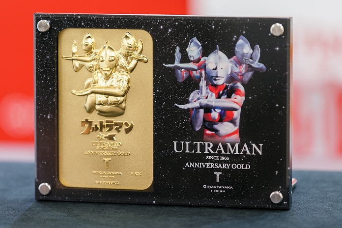 Launch of  Pure Gold Ultraman Commemorating the 50th anniversary of the broadcast A commemorative 24k gold plate of Japanese superhero Ultraman on display at the Ginza Tanaka jewelry store on January 25, 2017, Tokyo, Japan. To coincide with the 50th anniversary broadcast of the Ultraman television series, Ginza Tanaka has released a pure gold commemorative bust of the superhero measuring 30 cm height weighing 11kg. It is valued at 110,000,000 JPY  approximately 1,000,000 USD.  The store is also selling a set of 24k gold coins and a commemorative plate until January 31. The Japanese TV series was first aired in 1966.  Photo by Rodrigo Reyes Marin AFLO 