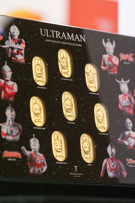 Launch of  Pure Gold Ultraman Commemorating the 50th anniversary of the broadcast A commemorative set of 24k gold coins of Japanese superhero Ultraman on display at the Ginza Tanaka jewelry store on January 25, 2017, Tokyo, Japan. To coincide with the 50th anniversary broadcast of the Ultraman television series, Ginza Tanaka has released a pure gold commemorative bust of the superhero measuring 30 cm height weighing 11kg. It is valued at 110,000,000 JPY  approximately 1,000,000 USD.  The store is also selling a set of 24k gold coins and a commemorative plate until January 31. The Japanese TV series was first aired in 1966.  Photo by Rodrigo Reyes Marin AFLO 
