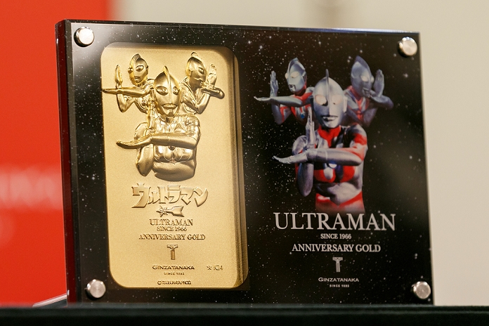 Launch of  Pure Gold Ultraman Commemorating the 50th anniversary of the broadcast A commemorative 24k gold plate of Japanese superhero Ultraman on display at the Ginza Tanaka jewelry store on January 25, 2017, Tokyo, Japan. To coincide with the 50th anniversary broadcast of the Ultraman television series, Ginza Tanaka has released a pure gold commemorative bust of the superhero measuring 30 cm height weighing 11kg. It is valued at 110,000,000 JPY  approximately 1,000,000 USD.  The store is also selling a set of 24k gold coins and a commemorative plate until January 31. The Japanese TV series was first aired in 1966.  Photo by Rodrigo Reyes Marin AFLO 