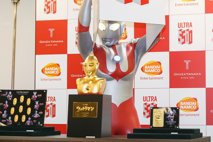 Launch of  Pure Gold Ultraman Commemorating the 50th anniversary of the broadcast Japanese superhero Ultraman shows off his pure gold commemorative bust at the Ginza Tanaka jewelry store on January 25, 2017, Tokyo, Japan. To coincide with the 50th anniversary broadcast of the Ultraman television series, Ginza Tanaka has released a pure gold commemorative bust of the superhero measuring 30 cm height weighing 11kg. It is valued at 110,000,000 JPY  approximately 1,000,000 USD.  The store is also selling a set of 24k gold coins and a commemorative plate until January 31. The Japanese TV series was first aired in 1966.  Photo by Rodrigo Reyes Marin AFLO 