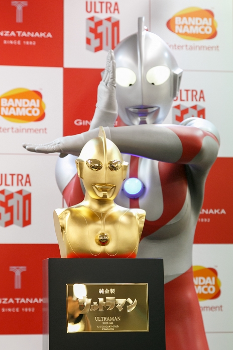 Launch of  Pure Gold Ultraman Commemorating the 50th anniversary of the broadcast Japanese superhero Ultraman poses with his pure gold commemorative bust at the Ginza Tanaka jewelry store on January 25, 2017, Tokyo, Japan. To coincide with the 50th anniversary broadcast of the Ultraman television series, Ginza Tanaka has released a pure gold commemorative bust of the superhero measuring 30 cm height weighing 11kg. It is valued at 110,000,000 JPY  approximately 1,000,000 USD.  The store is also selling a set of 24k gold coins and a commemorative plate until January 31. The Japanese TV series was first aired in 1966.  Photo by Rodrigo Reyes Marin AFLO 