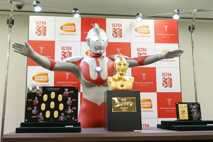 Launch of  Pure Gold Ultraman Commemorating the 50th anniversary of the broadcast Japanese superhero Ultraman poses with his pure gold commemorative bust at the Ginza Tanaka jewelry store on January 25, 2017, Tokyo, Japan. To coincide with the 50th anniversary broadcast of the Ultraman television series, Ginza Tanaka has released a pure gold commemorative bust of the superhero measuring 30 cm height weighing 11kg. It is valued at 110,000,000 JPY  approximately 1,000,000 USD.  The store is also selling a set of 24k gold coins and a commemorative plate until January 31. The Japanese TV series was first aired in 1966.  Photo by Rodrigo Reyes Marin AFLO 