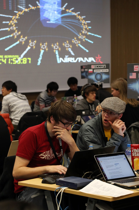 Largest Hacker Competition in Japan Korean Team Wins January 28, 2017, Tokyo, Japan   Some 90 contestants in 24 teams from nine nations from China, Japan, Poland, Russia, South Korea, Taiwan, United States, France and Switzerland compete in their hacking skills at the final rounds of the Security Contest, SECCON at the Tokyo Denki University in Tokyo on Saturday, January 28, 2017. A two day cyber security competition started in Tokyo to find talented young cyber security engineers.    Photo by Yoshio Tsunoda AFLO  LWX  ytd 