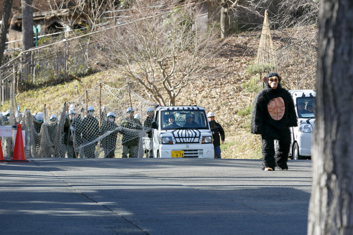 Chimpanzee escapes  Capture training at Tama Zoological Park A zookeeper wearing a chimpanzee costume tries to escape while zookeepers hold up a net in an attempt to capture it during an Escaped Animal Drill at Tama Zoological Park on February 7, 2017, Tokyo, Japan. The annual escape drill is held in Tokyo zoos for zookeepers to practice how they would need to react in the event of a natural disaster or another emergency. This year a member of staff wearing a chimpanzee costume was captured and subdued by other zookeepers before it could escape out onto the streets of Tokyo. During the drill, participants used large nets, sticks and tranquilizer guns to make sure the monkey didn t get away.  Photo by Rodrigo Reyes Marin AFLO 