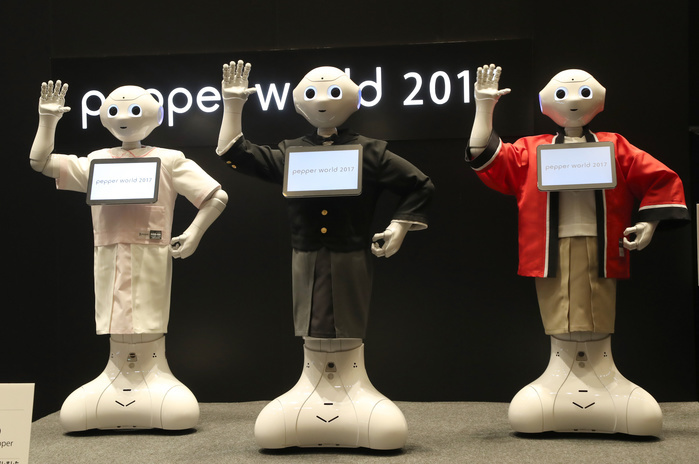 Tokyo Pepper Collection Pepper s outfits will be competed. February 9, 2017, Tokyo, Japan   Softbank s humanoid robot Pepper gesture to greet visitors at the Pepper World exhibition in Tokyo on Thursday, February 9, 2017. Pepper with airline staff uniform won the competition, while nurse costume won the judges  special award.     Photo by Yoshio Tsunoda AFLO  LwX  ytd 