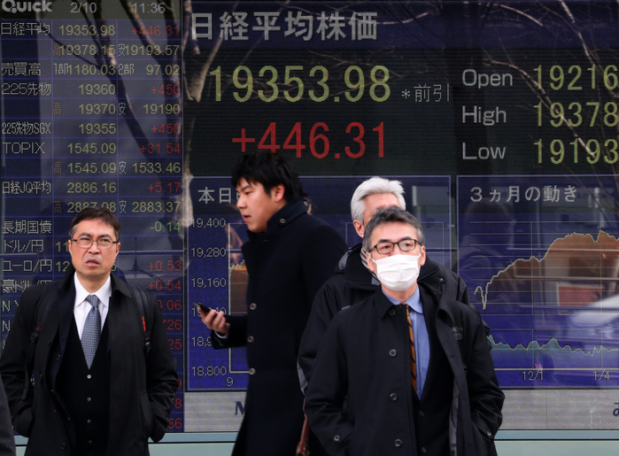 Nikkei 225 rebounds sharply Strong U.S. stocks and weak yen February 10, 2017, Tokyo, Japan   Pedestrians pass before a share prices board in Tokyo on Friday, February 10, 2017. Japan s share prices rebounded 446.31 yen to close at 19,353.98 yen at the morning session of the Tokyo Stock Exchange after U.S. President Donald Trump announced tax reforms.     Photo by Yoshio Tsunoda AFLO  LWX  ytd 