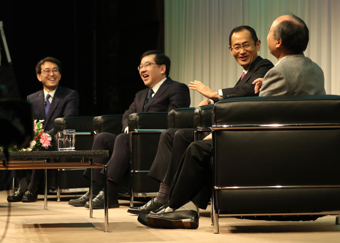 To the young people who will build the future. Dialogue event by the Masayoshi Son Foundation February 10, 2017, Tokyo, Japan    R L  Japan s telecom giant Softbank president Masayoshi Son holds a dialogue witrh Nobel Prize laureate Shinya Yamanaka of Kyoto University professor, Tokyo University president Makoto Gonokami and Shogi grandmaster Yoshiharu Habu in Tokyo on Friday, February 10, 2017. Son will launch a scholarship foundation and other three will be assumed for the foundation executives.     Photo by Yoshio Tsunoda AFLO  LwX  ytd 