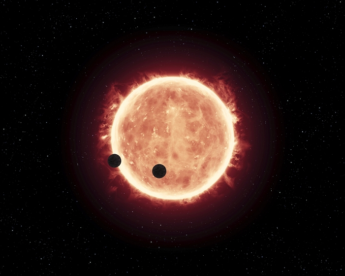 TRAPPIST 1  Image provided  TRAPPIST 1 exoplanet system. Illustration of two of the Earth sized exoplanets in the TRAPPIST 1 system transiting their parent star. The planets  TRAPPIST 1b and TRAPPIST 1c  are the black dots passing across the face of the star as seen from Earth. The atmospheres of the planets were studied using NASA s Hubble Space Telescope. The results indicate an increased chance of these worlds being habitable. Spectroscopic analysis revealed a low concentration of hydrogen and helium in the planetary atmospheres. The planets orbit a red dwarf star that is at least 500 million years old, located 39 light years away in the constellation of Aquarius. This rare double transit occurred on 4 May 2016. The planets were studied as part of the SPECULOOS survey.