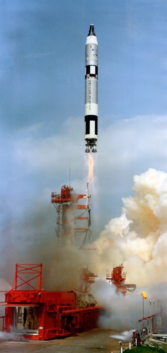 Launch of Gemini 8  March 16, 1966  Gemini 8 mission launch. The Gemini 8 spacecraft was launched from NASA s Cape Canaveral Air Force Station  now Kennedy Space Centre  in Florida, USA, at 16:41 UTC on 16th March 1966. The Gemini 8 mission, piloted by Neil Armstrong and David Scott, achieved the first space rendezvous and docking of two spacecraft in Earth orbit. However, following successful docking to the Gemini Agena target vehicle  GATV , the Gemini 8 capsule began rolling uncontrollably. The crew immediately undocked and made an emergency return to Earth just 10 hours after launch. The Agena remained in space until its orbit decayed, at which point it reentered Earth s atmosphere on 15th September 1967.