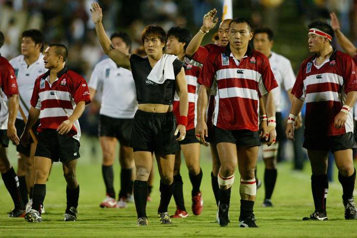 Rugby World Cup 2003 First round league Pool B  L to R  Daisuke Ohata, Yukio Motoki  JPN  October 23, 2003   Rugby : IRB RUGBY WORLD CUP 2003, Pool B IRB RUGBY WORLD CUP 2003, Pool B between Japan National Team 13 41 Fiji National Team at Dairy Farmers Stadium, Townsville, Australia.   Photo by AFLO SPORT  1045 