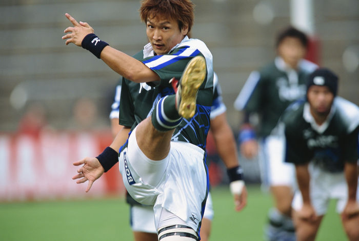 Kaname Okamura (NEC), Kaname Okamura
OCTOBER 6, 2001 - Rugby : Kaname Okamura of NEC kicks the ball during the 2001 East Japan Workers' Rugby League match between NEC 28-17 Toshiba Fuchu at Prince Chichibu Memorial Rugby Stadium in Tokyo, Japan.
 (Photo by AFLO SPORT) [1045].