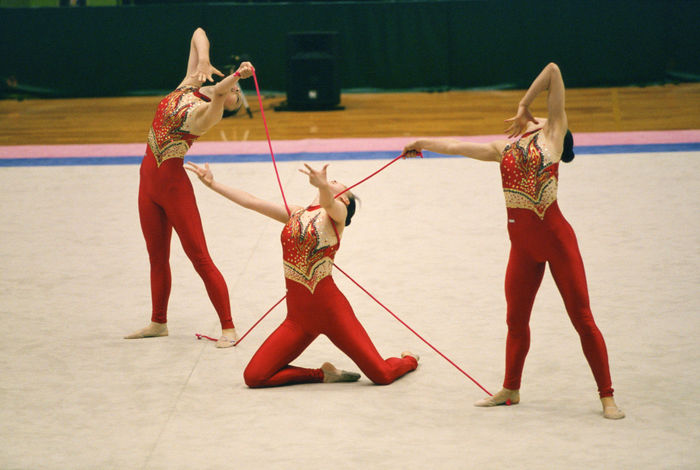 Tokyo Women's College of Physical Education team, 
JULY 8, 2001 - Rhythmic Gymnastics : 
Tokyo Women's College of Physical Education team group in action during the Trials for the 13th Four Continens Rhythmic Gymnastics Championships, the 21st Summer Universiade, etc. at Ebina Sports Park Gymnasium in Kanagawa, Japan. 
 (Photo by AFLO SPORT) [1045]