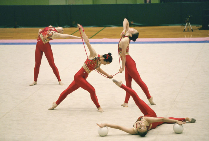 Tokyo Women's College of Physical Education team, 
JULY 8, 2001 - Rhythmic Gymnastics : 
Tokyo Women's College of Physical Education team group in action during the Trials for the 13th Four Continens Rhythmic Gymnastics Championships, the 21st Summer Universiade, etc. at Ebina Sports Park Gymnasium in Kanagawa, Japan. 
 (Photo by AFLO SPORT) [1045]