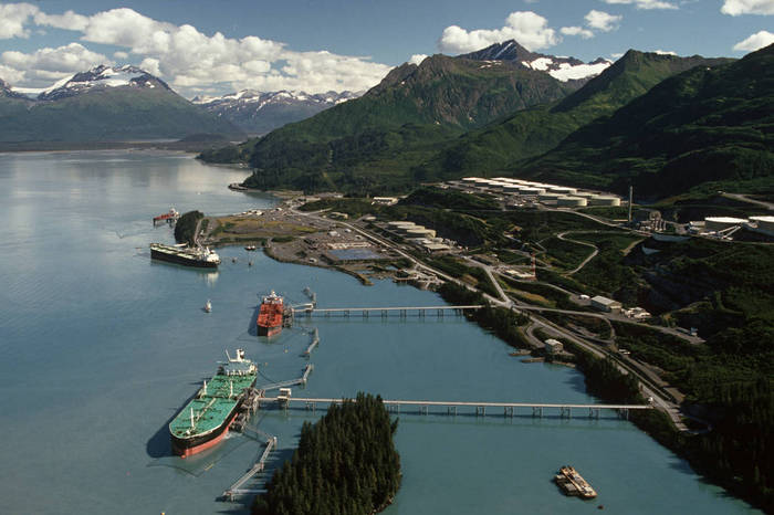 Alaska Oil Marine Terminal Tankers loading oil Valdez Southcentral Summer Aerial