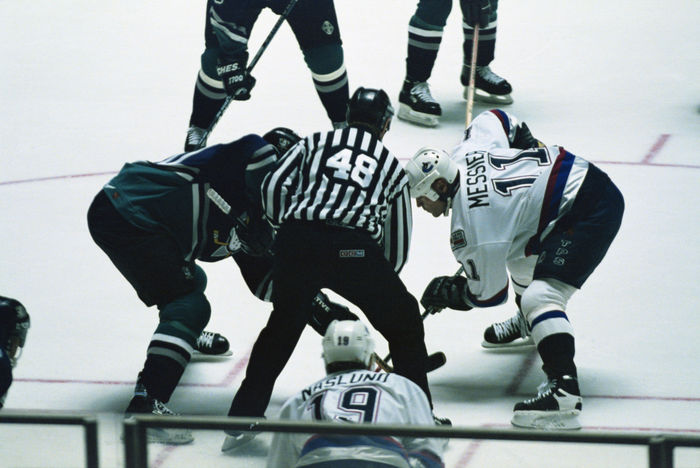 NHL First official game outside of North America Canucks vs Mighty Ducks Mark Messier  Canucks ,  OCTOBER 4 5, 1997   NHL :  Mark Messier of Vancouver Canucks during the opening game of the NHL 1997 98 season  NHL GAME ONe 1997 JAPAN  match between Vancouver Canucks and Mighty Ducks of Anaheim at Yoyogi 1st Gymnasium in Tokyo, Japan.   Photo by Koji Aoki AFLO SPORT   0008 