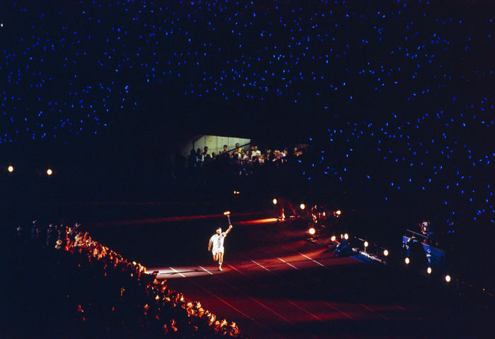 1992 Barcelona Olympics Opening Ceremony Barcelona Olympic Games Opening Ceremony,  JULY 25, 1992   Opening Ceremony :  A torchbearer carries the Olympic Flame during the opening ceremony of the Olympic Games BARCELONA 1992 at Estadio Olimpico in Barcelona, Spain.   Photo by Koji Aoki AFLO SPORT   0008 