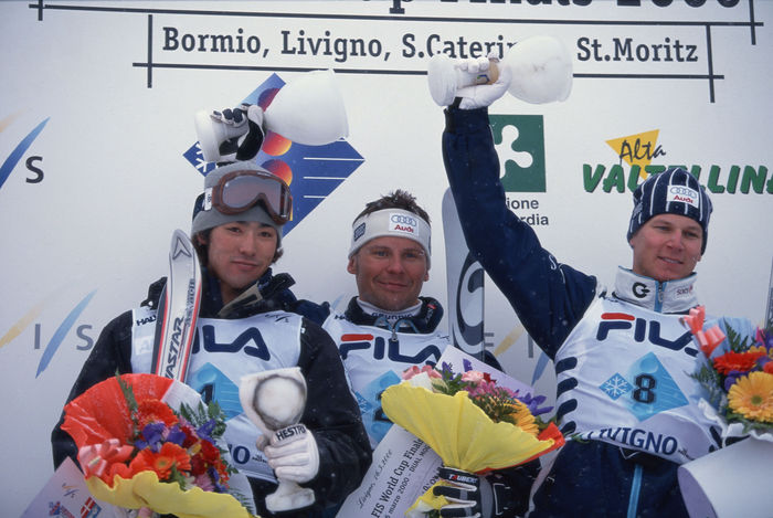 Yugo Tsukita (JPN),
MARCH 16, 2000 - Freestyle Skiing :
(L to R) Yugo Tsukita (bronze) of Japan, Janne Lahtela (gold) and Sami Mustonen (silver) of Finland celebrate on the podium after the FIS Freestyle World Cup Finals Men's Dual Mogul final in Livigno, Italy.
(Photo by Koji Aoki/AFLO SPORT) [0008].