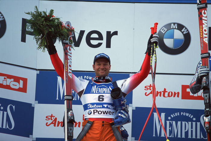 Stephan Eberharter (AUT),
JANUARY 30, 2001 - Alpine Skiing : Stephan Eberharter of Austria celebrates on the podium after winning the silver medal in the Men's Super G at the 2001 FIS Alpine World Ski Championships in St.Anton, Austria.
(Photo by Koji Aoki/AFLO SPORT) [0008]