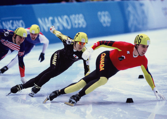 1998 Nagano Olympics Short Track Men 500m Hitoshi Uematsu  JPN  FEBRUARY 19, 1998   Short Track : Hitoshi Uematsu  C  of Japan competes with Eric Bedard  R  of Canada during the Men s Short Track Speed Skating 500m preliminary in the NAGANO 1998 Winter Olympic Games at White Ring in Nagano, Japan.  Photo by AFLO SPORT   0006 .