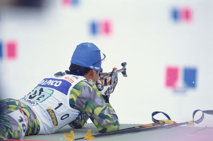 Kyoji Suga (JPN)
MARCH 9, 1997 - Biathlon : Kyoji Suga of Japan shoots during the Men's 4x7.5 km Relay at the 1996/1997 IBU Biathlon World Cup in Nozawa Onsen, Nagano, Japan.
(Photo by Masakazu Watanabe/AFLO SPORT) [0005].