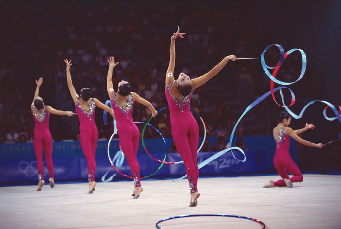 2000 Sydney Olympics Japan team group  JPN , SEPTEMBER 30, 2006   Rhythmic Gymnastics : Japan team in action in the Ribbon during the Rhythmic Gymnastics Team competition at the 2000 Sydney Olympic Games at Pavilion 3 in the Olympic Park in Sydney, Australia.  Photo by Masakazu Watanabe AFLO SPORT   0005 