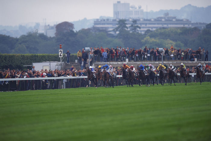 Olivier Peslier and Sagamix, 
October 4, 1998 - Horse Racing : 
Olivier Peslier on his way to his third consecutive win on Sagamix (Right Pink Cap)  in the Prix de L''Arc de Triomphe at Longchamp in Paris. 
(Photo by Masakazu Watanabe/AFLO SPORT) [0005]