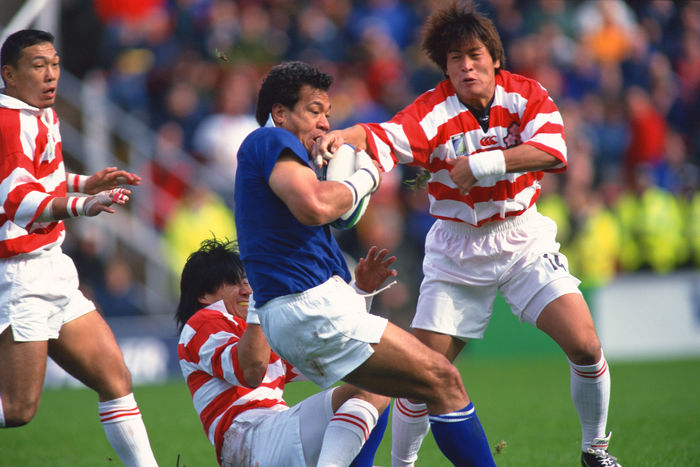 1999 Rugby World Cup First round league Pool D Daisuke Ohata  JPN  OCTOBER 3, 1999   Rugby : Daisuke Ohata of Japan fights for the ball during the IRB World Cup 1999 Pool D match between Japan 9 43 Samoa at Racecourse Ground in Wrexham, Wales.   Photo by Jun Tsukida AFLO SPORT   0003 .