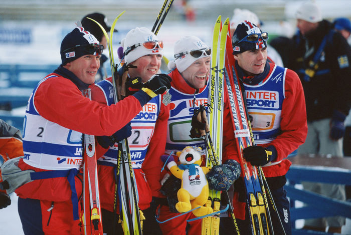 Norway team group (NOR),
FEBRUARY 22, 2001 - Cross Country Skiing : Norway team (Tor Arne Hetland, Frode Estil, Odd-bjoern Hjelmeset and Thomas Alsgaard) celebrate after winning the silver medal in the Men's Cross Country Skiing 4x10km relay at the 2001 FIS Nordic World Ski Championships in Lahti, Finland. Finland team was disqualified for doping then Norway team became gold.
 (Photo by Jun Tsukida/AFLO SPORT) [0003]
