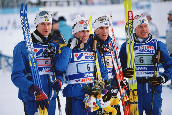 Sweden team group (SWE),
FEBRUARY 22, 2001 - Cross Country Skiing : Sweden team (Urban Lindgren, Mathias Fredriksson, Magnus Ingesson and Per Elofsson) celebrate after winning the bronze medal in the Men's Cross Country Skiing 4x10km relay at the 2001 FIS Nordic World Ski Championships in Lahti, Finland. Finland team was disqualified for doping then Sweden team became silver.
 (Photo by Jun Tsukida/AFLO SPORT) [0003]