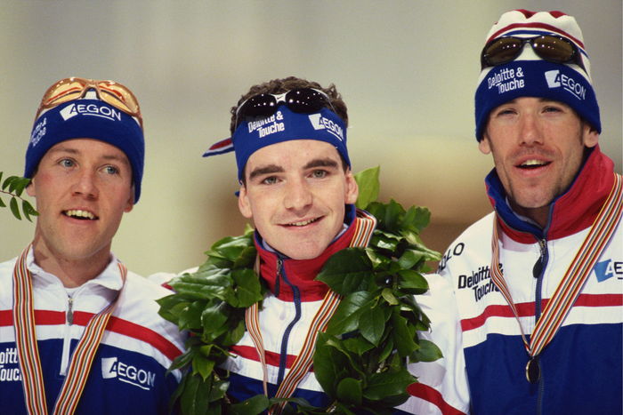Bob de Jong (NED), Carl Verheijen (NED), Gianni Romme (NED),
MARCH 10, 2001 - Speed Skating : Bob de Jong (C, gold), Carl Verheijen (L, silver) and Gianni Romme (R, bronze) of the Netherlands celebrate on the podium during the medal ceremony of the Men's 5000m at the 2001 ISU World Single Distances Speed Skating Championships in Salt Lake City, Utah, USA.
 (Photo by Jun Tsukida/AFLO SPORT) [0003]