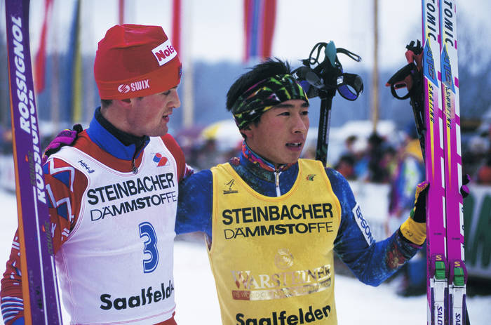 1993 Nordic Combined World Cup  L to R  Fred Bare Lundberg  NOR , Kenji Ogiwara  JPN  DECEMBER 5, 1993   Nordic Combined : Kenji Ogiwara of Japan celebrates after the goal during the FIS Kenji Ogiwara of Japan celebrates after the goal during the FIS World CUP of Nordic Combined Individual Event.  Photo by Koji Aoki AFLO SPORT   008 