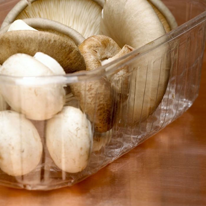 CHKF00483 Fresh mushrooms in plastic bowl close up