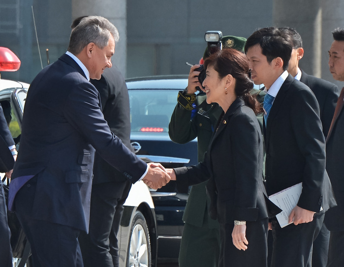 Japan and Russia security talks in Tokyo March 20, 2017, Tokyo, Japan: Japan s Defense Minister Tomomi Inada shake hands with Russian Defense Minister Sergei Shoigu  L  before reviewing the honour guard at Defense Ministry in Tokyo, Japan on March 20, 2017.  Photo by AFLO 
