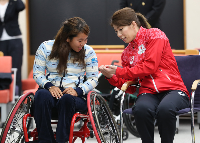 JAL Supports Next Generation Athletes Project Announced April 11, 2017, Tokyo, Japan   Women s wrestling Olympic medalist Saori Yoshida  R  and women s wheel chair tennis medalist Yui Kamiji  L  attend a presentation of  JAL Next Athlete Project  in Tokyo on Tuesday, April 11, 2017. JAL Next Athlete Project is a project to pick out young outstanding athletes for Tokyo 2020 Olympics and Paralympians for Tokyo 2020 Paralympics.    Photo by Yoshio Tsunoda AFLO  LwX  ytd 