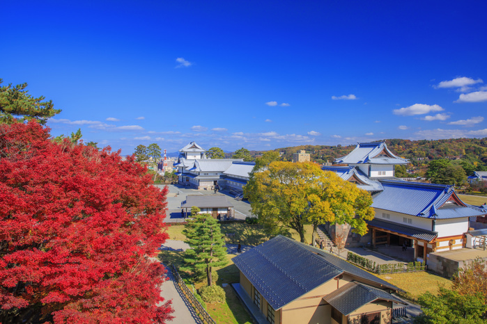 Kanazawa Castle with Autumn Leaves in Ishikawa Prefecture: Hishi Tower, Gojyumen Nagaya, and Hashizume-mon Continuation Tower
