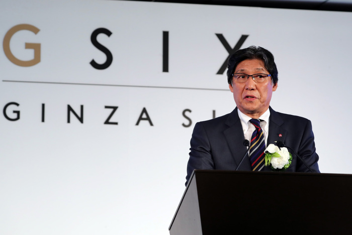Ceremony at GINZA SIX, a new landmark in Ginza April 17, 2017, Tokyo, Japan   J Front Retailing president Ryoichi Yamamoto delivers a speech at the opening ceremony of Tokyo s new landmark Ginza Six in Tokyo s Ginza fashion district on Monday, April 17, 2017. The new office and shopping mall complex which has 420 fashion brand shops will open on April 20.     Photo by Yoshio Tsunoda AFLO  LwX  ytd 