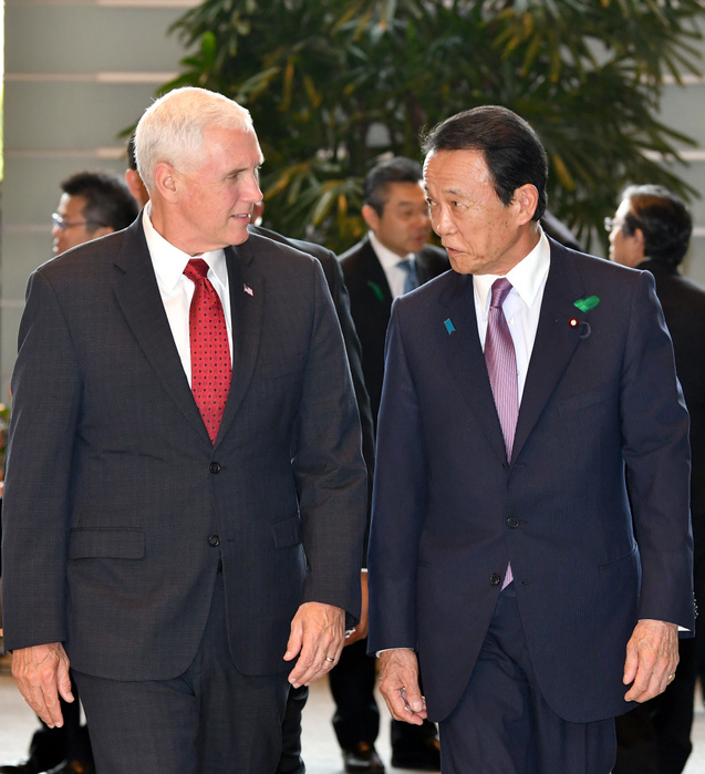 U.S. Vice President Pence visits Japan for the first time for Japan U.S. economic dialogue with Deputy Prime Minister Aso April 18, 2017, Tokyo, Japan   U.S. Vice President Mike Pence, left, and his Japanese counterpart Deputy Prime Minister Taro Aso are on their way to a U.S.  Pence arrived in Japan from his visit to South Korea for talks expected to focus mainly on trade after the U.S. withdrew from a Pacific Rim trade pact.  Photo by Natsuki Sakai AFLO  AYF  mis 