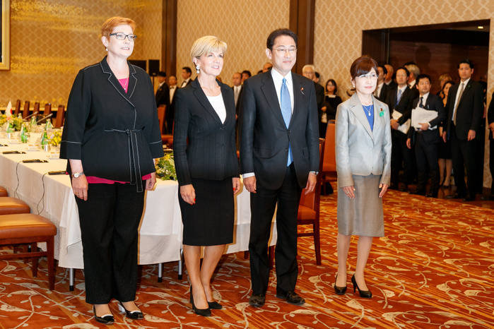 Australian and Japanese Defense Ministers agree to cement ties amid North Korea tension  Australian Minister for Defense Marise Payne  L  and Minister for Foreign Affairs Julie Bishop  second left  pose for cameras alongside Japanese Minister for Defense Tomomi Inada  second right  and Minister for Foreign Affairs Fumio Kishida, during a meeting at the Iikura Guest House on April 20, 2017, Tokyo, Japan. The Australian ministers came to Japan to cement a defense cooperation to cease North Korea behavior in the Korean Peninsula. The tension has increased in the peninsula this month after US President Trump sent warships in response to North Korea s nuclear missile tests.  Photo by Rodrigo Reyes Marin AFLO 
