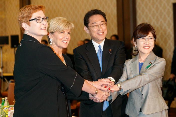 Australian and Japanese Defense Ministers agree to cement ties amid North Korea tension  Australian Minister for Defense Marise Payne  L  and Minister for Foreign Affairs Julie Bishop  second left  join hands with Japanese Minister for Defense Tomomi Inada  second right  and Minister for Foreign Affairs Fumio Kishida, during a meeting at the Iikura Guest House on April 20, 2017, Tokyo, Japan. The Australian ministers came to Japan to cement a defense cooperation to cease North Korea behavior in the Korean Peninsula. The tension has increased in the peninsula this month after US President Trump sent warships in response to North Korea s nuclear missile tests.  Photo by Rodrigo Reyes Marin AFLO 