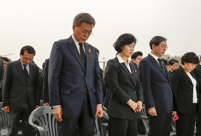 South Korea s presidential front runner Moon Jae In of Democratic Party of Korea  DPK , DPK leader Chu Mi Ae and Seoul mayor Park Won soon attend an event marking the third anniversary of Sewol ferry disaster in Ansan Moon Jae In, Chu Mi Ae, Park Won Soon, Apr 16, 2017 :  L R, front row  South Korea s presidential front runner Moon Jae In of Democratic Party of Korea  DPK , DPK leader Chu Mi Ae and Seoul mayor Park Won soon attend an event marking the third anniversary of Sewol ferry disaster in Ansan, about 40 km  25 miles  southwest of Seoul, South Korea. The Sewol Ferry sank off South Korea s southwestern coast near Jindo on April 16, 2014 during a journey from Incheon to Jeju. The Ferry was carrying 475 crew and passengers, mostly high school students on a school trip. More than 300 people died and nine are still missing. South Korea s presidential election will be held on May 9, 2017.  Photo by Lee Jae Won AFLO   SOUTH KOREA 