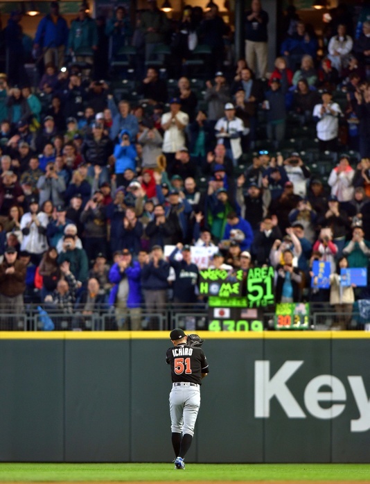 2017 MLB Ichiro. Triumphant return to Seattle, starting in right field Ichiro Ichiro Suzuki  Marlins  APRIL 19, 2017   MLB :. Fans including  Ichi Meter  inventor Amy Franz applaud Ichiro Suzuki of the Miami Marlins as he takes to the field during a Major League Baseball game against the Seattle Mariners at Safeco Field in Seattle, Washington, United States.