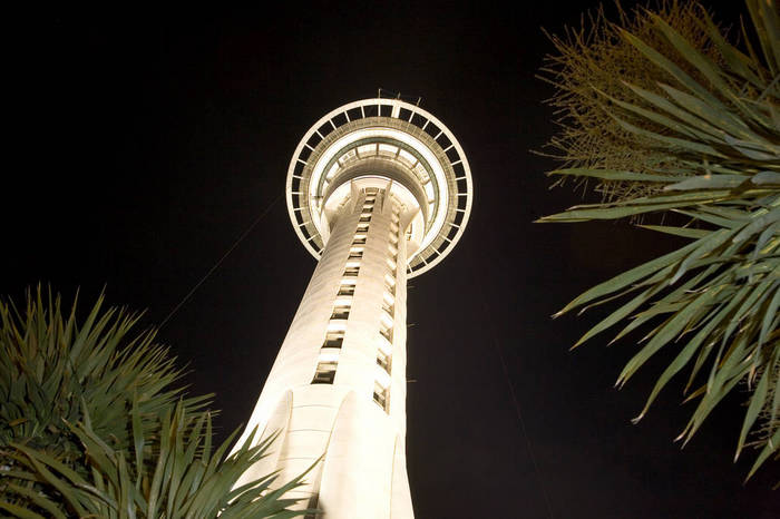 Skytower at night, Auckland, North Island, New Zealand