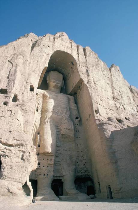 55m tall defaced Buddha covered by monks, since destroyed by the Taliban, Bamiyan, UNESCO World Hertiage Site, Afghanistan, Asia