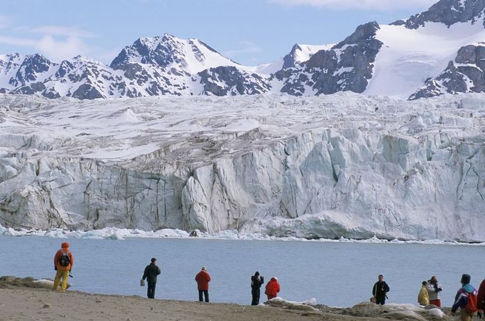 Visitors from ice-breaker tour ship, July 14 Glacier, Krossfjorden, Spitsbergen, Svalbard, Norway, Scandinavia, Europe