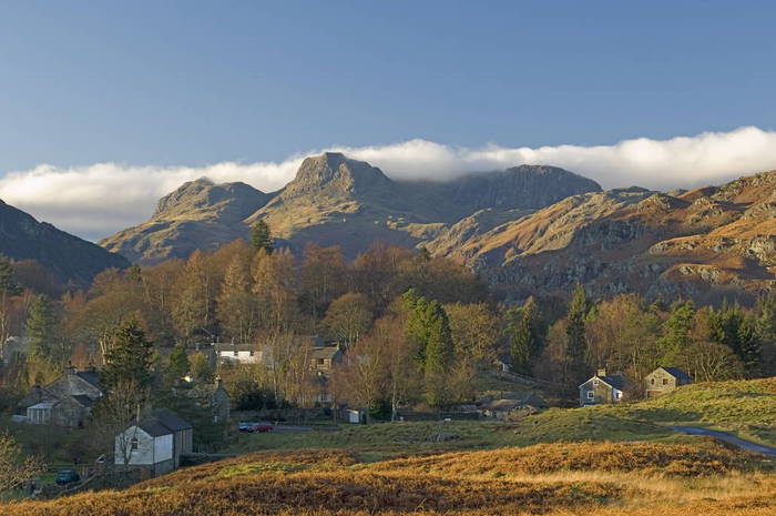 Elterwater village with Langdale Pikes, Lake District National Park, Cumbria, England, United Kingdom, Europe