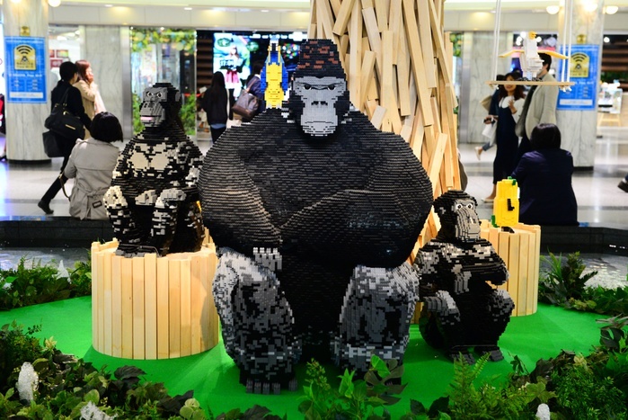 Handsome gorilla  Shabani  in Sakae underground shopping mall with Lego bricks Shabani, a handsome gorilla at Higashiyama Zoo and Botanical Garden made of about 40,000 pieces of Lego bricks, in the afternoon of April 21, 2017 in Nagoya, Aichi Prefecture, Japan.