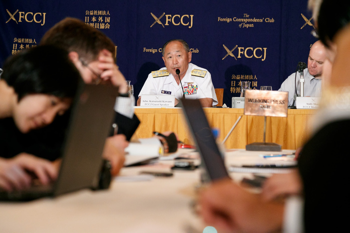 Admiral Katsutoshi Kawano speaks at FCCJ Admiral Katsutoshi Kawano, head of Japan s Joint Chiefs of Staff speaks during a news conference at the Foreign Correspondent s Club of Japan on May 23, 2017, Tokyo, Japan. Kawano spoke about Japan s security cooperation with the US and allies against North Korea s missile tests and also terrorism in the Asia Pacific region. The Japanese government is still pushing for a more active military.  Photo by Rodrigo Reyes Marin AFLO 
