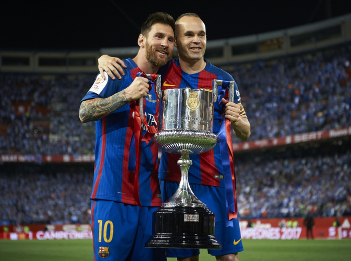 Barcelona wins the Spanish King s Cup for the third year in a row. Lionel Messi, Andres Iniesta  Barcelona , MAY 27, 2017   Football   Soccer : Andres Iniesta and Lionel Messi of Barcelona celebrates the victory with the trophy at the end of the Spanish Copa del Rey Final match between FC Barcelona 3 1 Deportivo Alaves at Vicente Calderon in Madrid, Spain.  Photo by Pablo Morano AFLO 